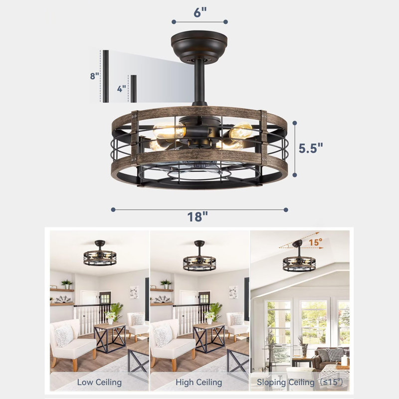 18 inch Fandelier Industrial Ceiling Fans with Lights and Remote, Rustic Brown, 18" Wide