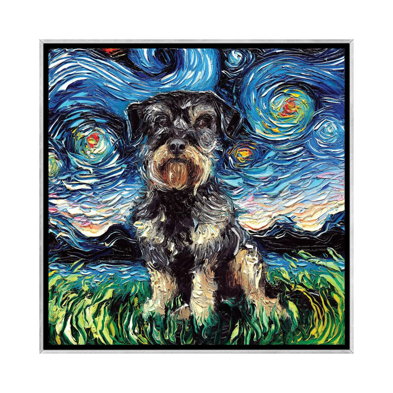 "Schnoodle Night" par aja Trèves, reproduction d’art, H 18 po x l 18 po x 1,5 po, Toile encadrée argentée, Pas de tapis