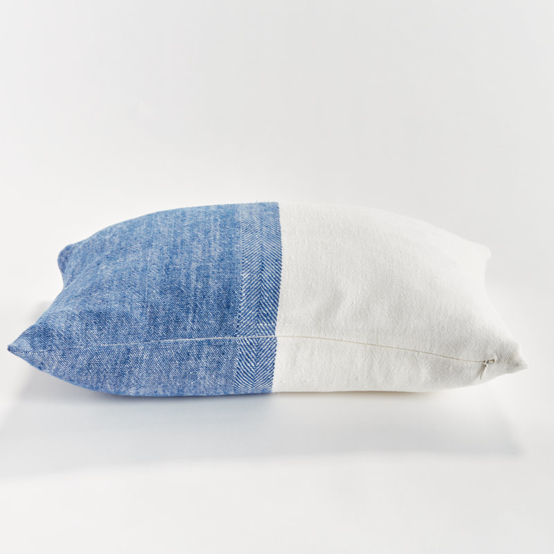 Jules European Flax Fiber Pillow Cover & Insert, Rectangle 14" H x 20" W, Blue/Cream/Color Block, Knife Edge