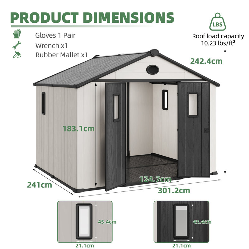 10 ft. W Aluminum Polypropylene Storage Shed, 242.4cm H x 301.2cm W x 241cm D
