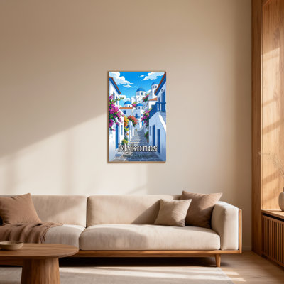 Paysages pittoresques et urbains, dômes bleus, balcons fleuris, ciel ensoleillé, Mykonos, Grèce