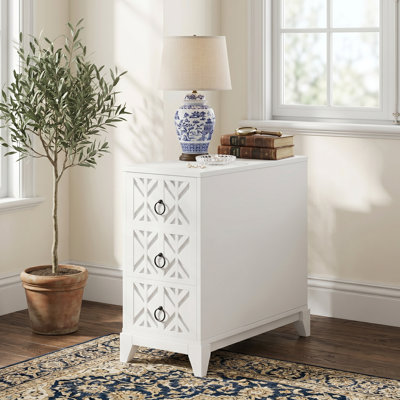 White Tall Corner End Table with 3 Drawers and 2 Open Shelves
