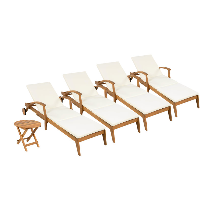 Luna Outdoor Acacia Wood Chaise Lounge & Foldable Side Table Set With Cushion