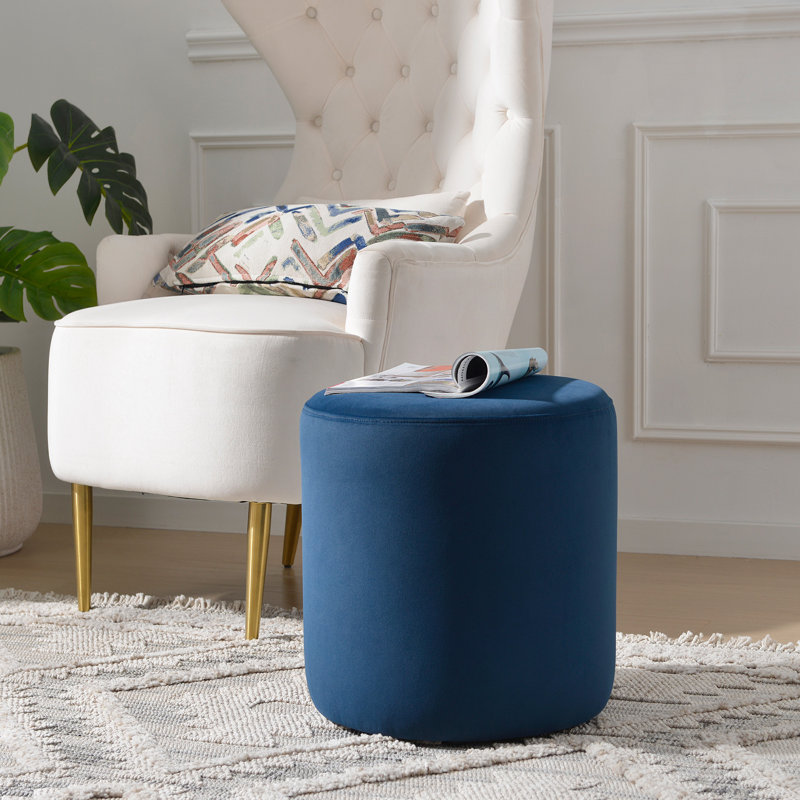 Brynnen 18'' Wide Modern Round Upholstered Ottoman, Navy Velvet