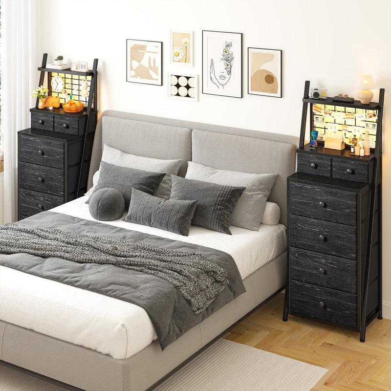 6 Drawer Dresser For Bedroom With Metal Mesh Shelf, Tall Dresser With Led Lights, Black