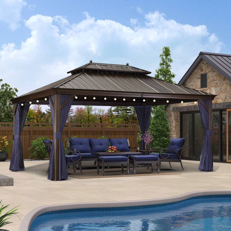 16 Ft. W x 12 Ft. D Aluminum Patio Gazebo with 48 Ft String Lights