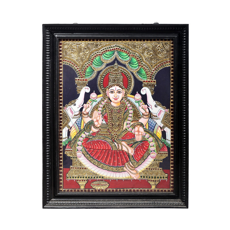 Peinture Padmasana Gajalakshmi Tanjore | Couleurs traditionnelles avec or 24 carats | Structure en bois de teck