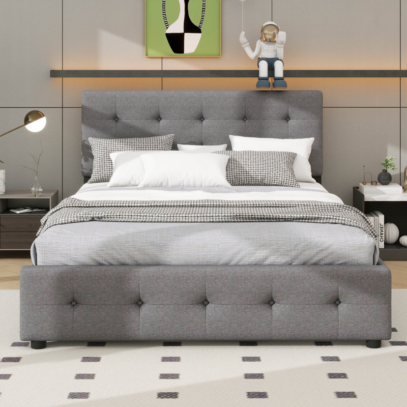 Grand lit plateforme tapissier avec deux tiroirs et un lit gigogne coulissant, Gris clair