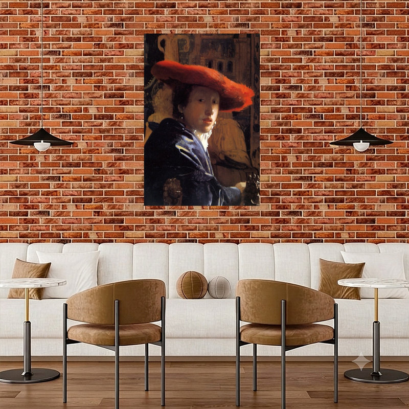 Girl With A Red Hat Classic Contemporary Portrait Wall Art Print by Johannes Vermeer - Wrapped Canvas Print