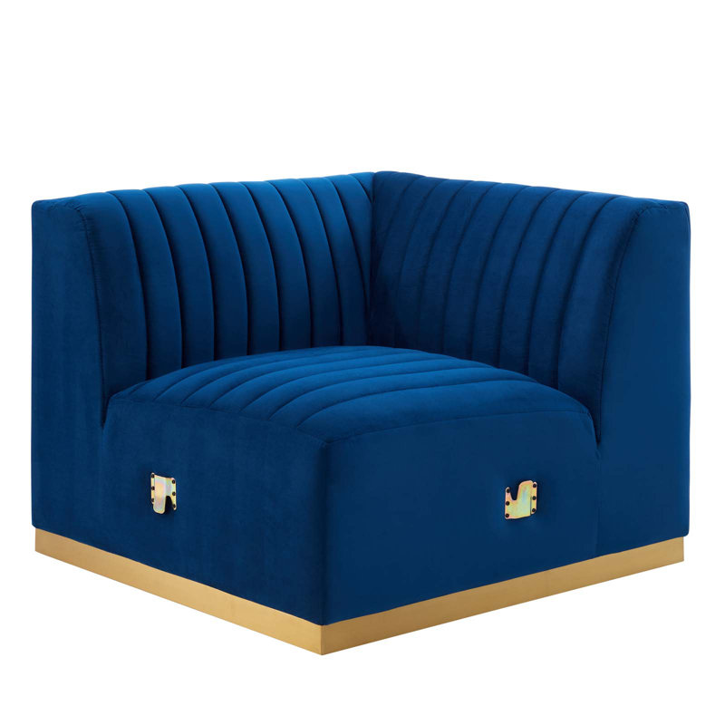 Fauteuil d'angle gauche en velours Conjure Channel, Bleu marine
