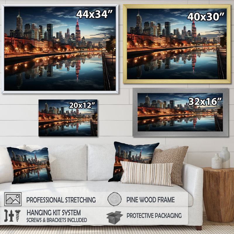 «Chicago Cityscape By Night I», reproduction sur toile, H 16 po x l 32 po x P 1 po, Cadre simple noir