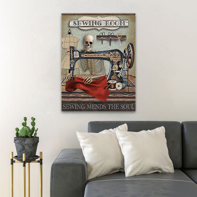 «A Sewing Machine In A Fitting Room - Sewing Room Sewing Mends The Soul», reproduction d'art graphique sur toile tendue