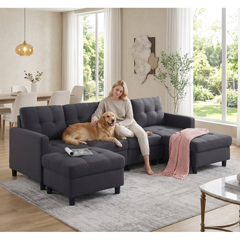 Kentrell 6-Piece Upholstered U-Shape Sectional Sofa With Ottoman, Dark Gray