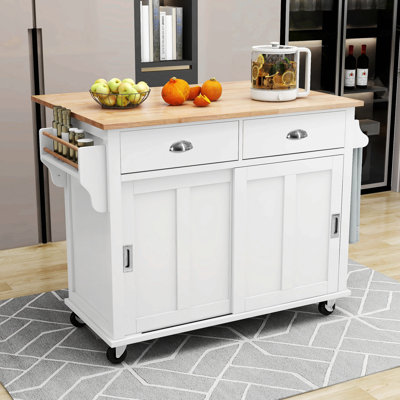 Buccigross 52.2'' Wide Rolling,with Rubber wood Drop-Leaf Countertop, Concealed sliding barn door adjustable height,Kitchen Island on 4 Wheels with Storage Cabinet and 2 Drawers,island,coffee cart