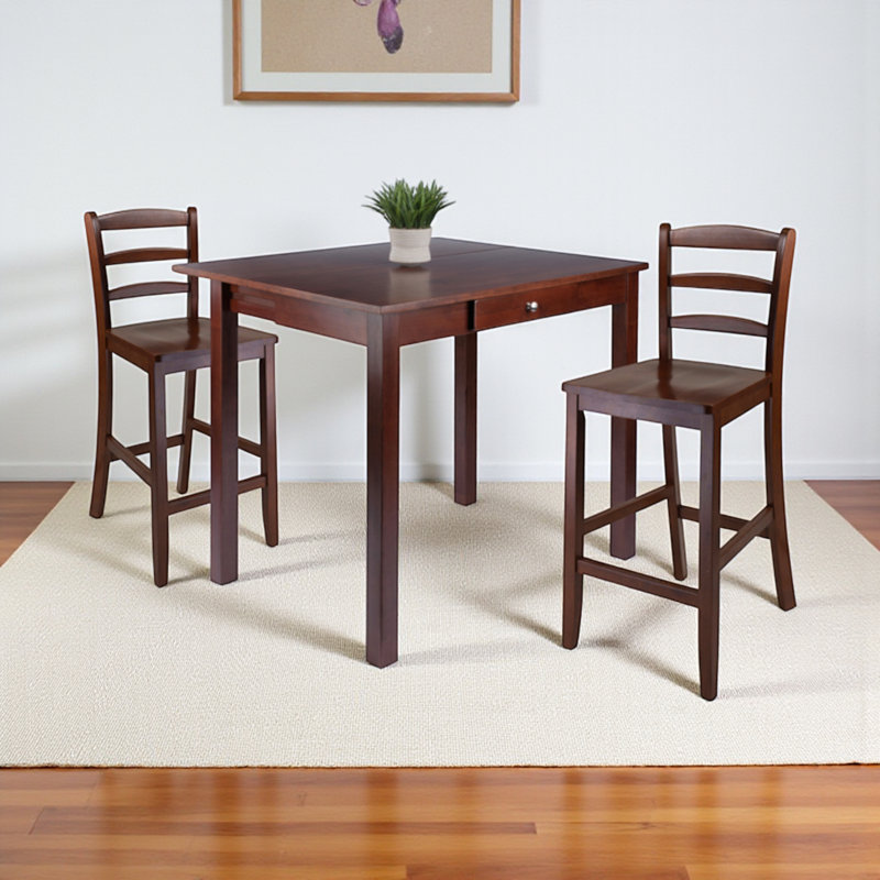 Bacourt Walnut 3-Piece Drop Leaf Solid Wood Dining Set, 33.8'' H X 39.78'' W X 33.87'' D