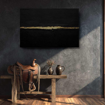 Black and Gold Abstract Canvas, Textured Horizontal Line Art - Modern Minimalist Wall Decor, Luxury Industrial Painting Print for Office