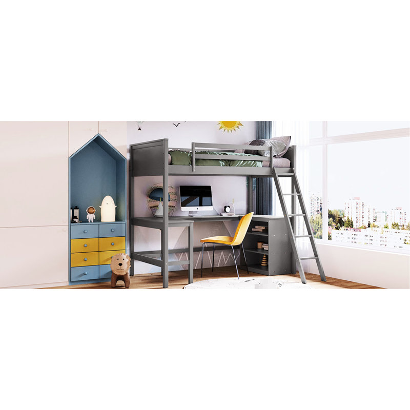 Lit mezzanine simple gris avec bureau et tablette, Living Solution, bois de pin massif, bureau sans tablette requis, construction, nécessaire