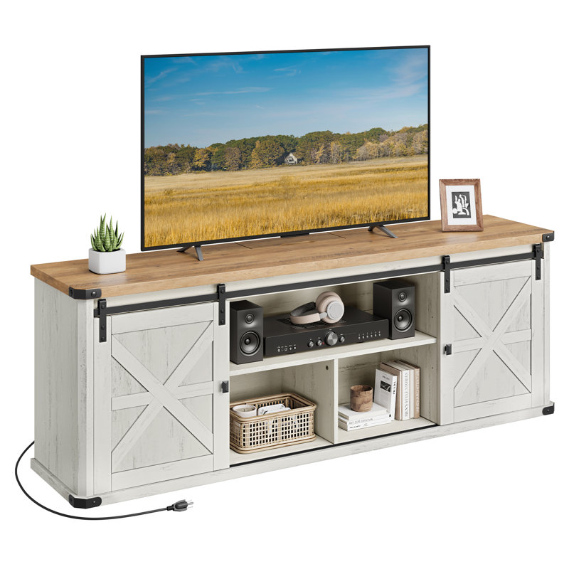 Cesilee 70.1"W TV Stand for TVs up to 75"  with 2 Sliding Barn Doors and Built-In Charging Station, White/Brown