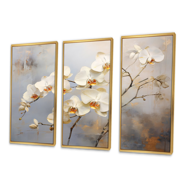 Minimalisme, ensemble d'orchidées sur toile beige et or III, Cadre flottant doré, H 32 po x l 48 po x P 1 po