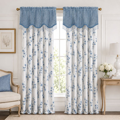 Ensemble de 4 panneaux de rideaux et cantonnières perlés à motif floral avec passe-tringle Kate Aurora