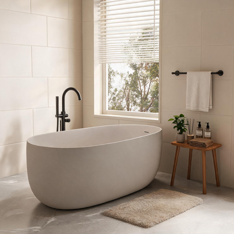 47 inch Beige Solid Surface Freestanding Soaking Bathtub with Overflow and Pop-up Drain