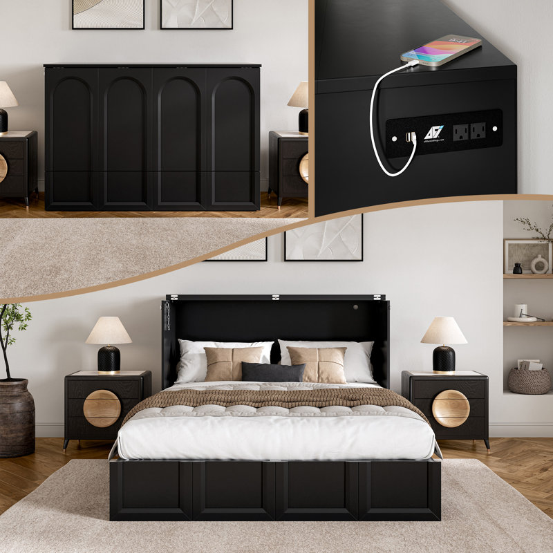 Athena Wood Murphy Bed Chest with 6" Mattress, Storage Drawer, and Built-in Charger, Black