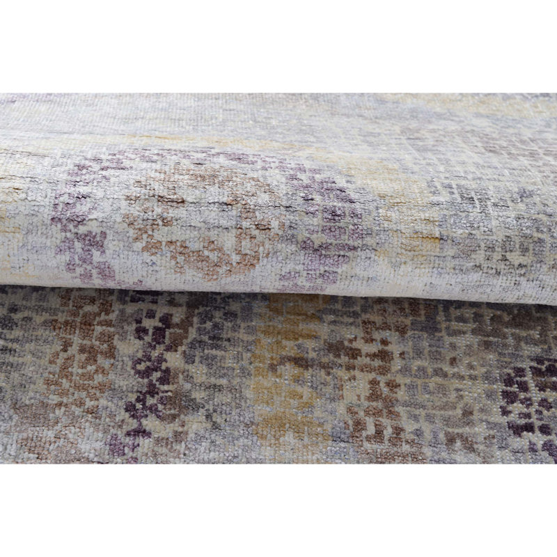 Tapis géométrique rectangulaire en laine / viscose noué à la main gris / mauve / brun, Rectangle 8 pi x 10 pi