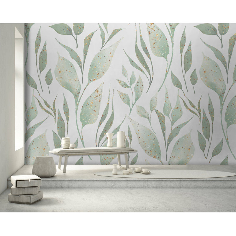 Papier peint amovible avec feuilles de brindilles vertes, L 35,04 po x l 55 po