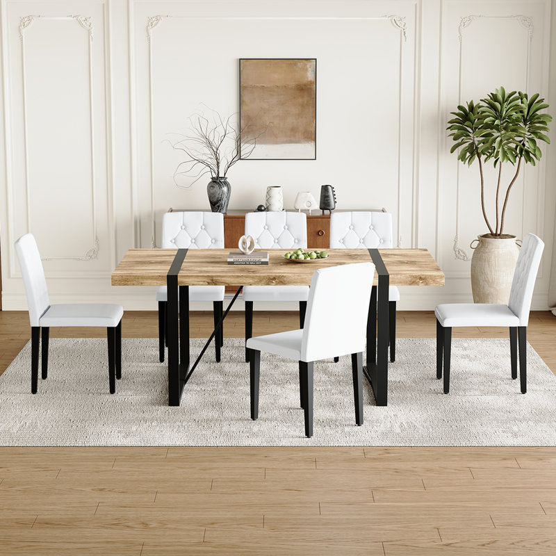 Modern Rectangular Dining Table Set For 6| 71″ Wood & Metal Table With Chairs, Dark Wood, White, 7 Pieces: Table, 6 Chairs