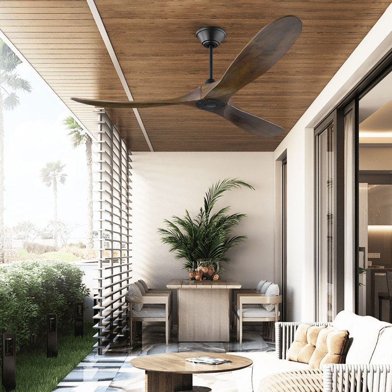 Ventilateur de plafond moderne en bois massif 3 pales avec télécommande, Bois brun, 70"