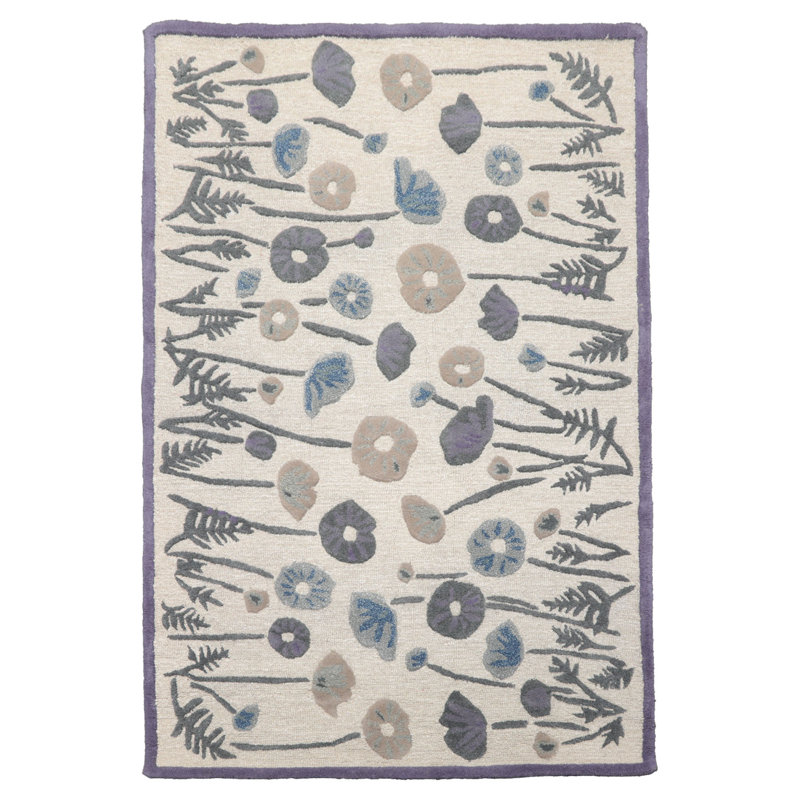 Beige Wool and Silk Oriental Multi Sizes Contemporary Botanical Hand Tufted, Rectangle 4' x 6'