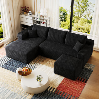 Canapé modulaire 95 po avec 1 repose-pieds Cloud, fauteuils rembourrés minimalistes modernes, canapé confortable en forme de U pour le salon, canapé d'angle à siège profond, aucun assemblage requis, noir (tissu en velours côtelé moelleux)