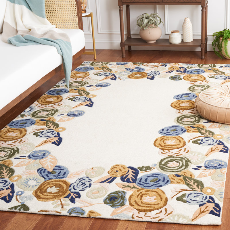 Ivory and Blue Floral Handmade Wool Rug, 3' x 5'
