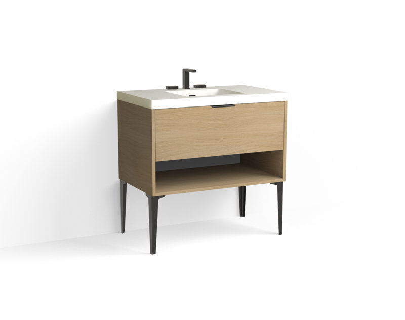 Modo 36" W Freestanding Single Bathroom Vanity with Dean Leg, Matte White/8" Widespread, Biondo, Matte Black