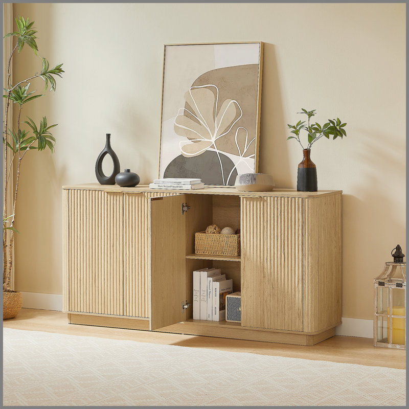 Buffet 63 po à rayures verticales avec rangement Stoarge, forme ondulée, meuble télé, pour chambre à coucher, salon, couloir, l 63 po x P 15,75 po x H 31,5 po.