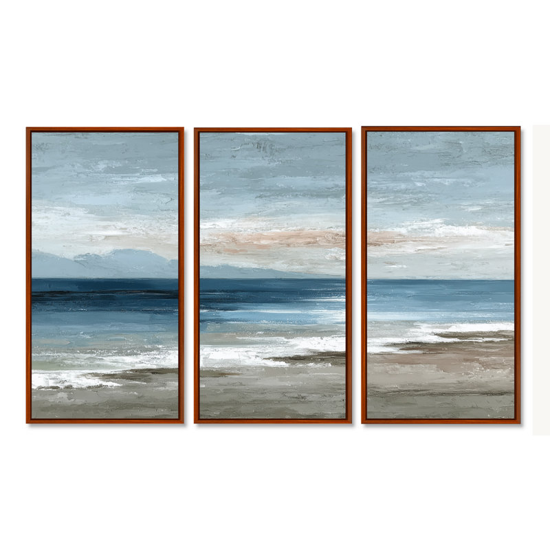 Blanc, bleu, océan côtier, oasis retrouvée - ensemble d'art mural plage, 28" H x 36" W, Reproduction avec cadre flottant