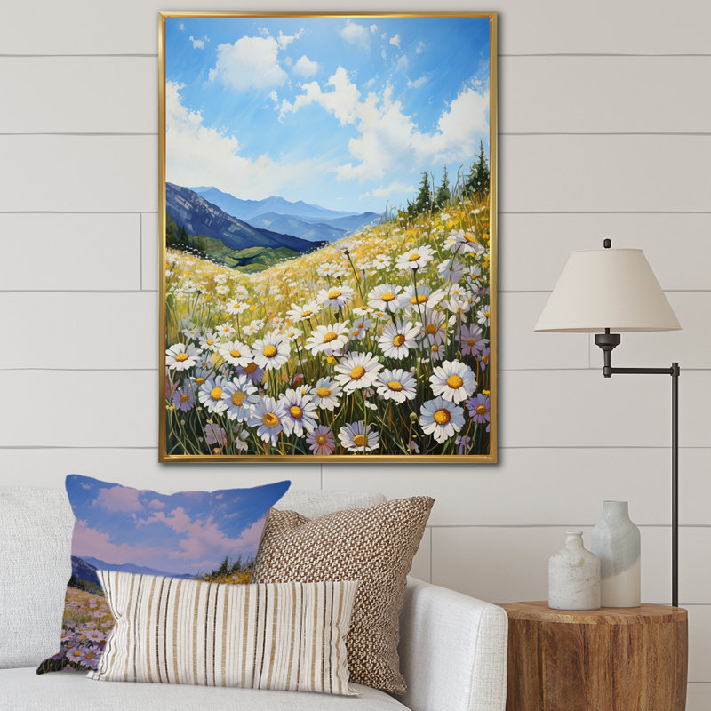 Mountain Daisies On Hill, reproduction d'art sur toile, Cadre flottant doré, H 32 po x l 24 po x P 1 po