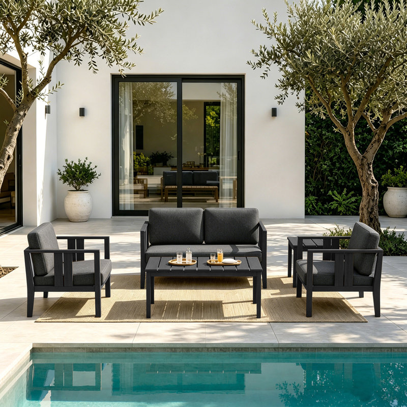 Ensemble de patio d'extérieur pour quatre personnes en teck avec coussins et deux tables Junco, Gris foncé, Noir