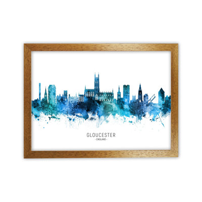 Gloucester England Skyline Blue City Name by Michael Tompsett - Print