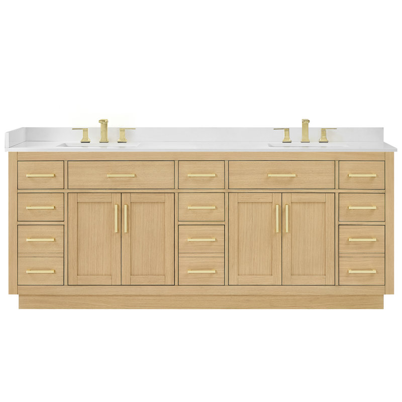Ensemble de meuble-lavabo double 84 po Beckett, Dark Oak, Or brossé, Marbre de culture blanc