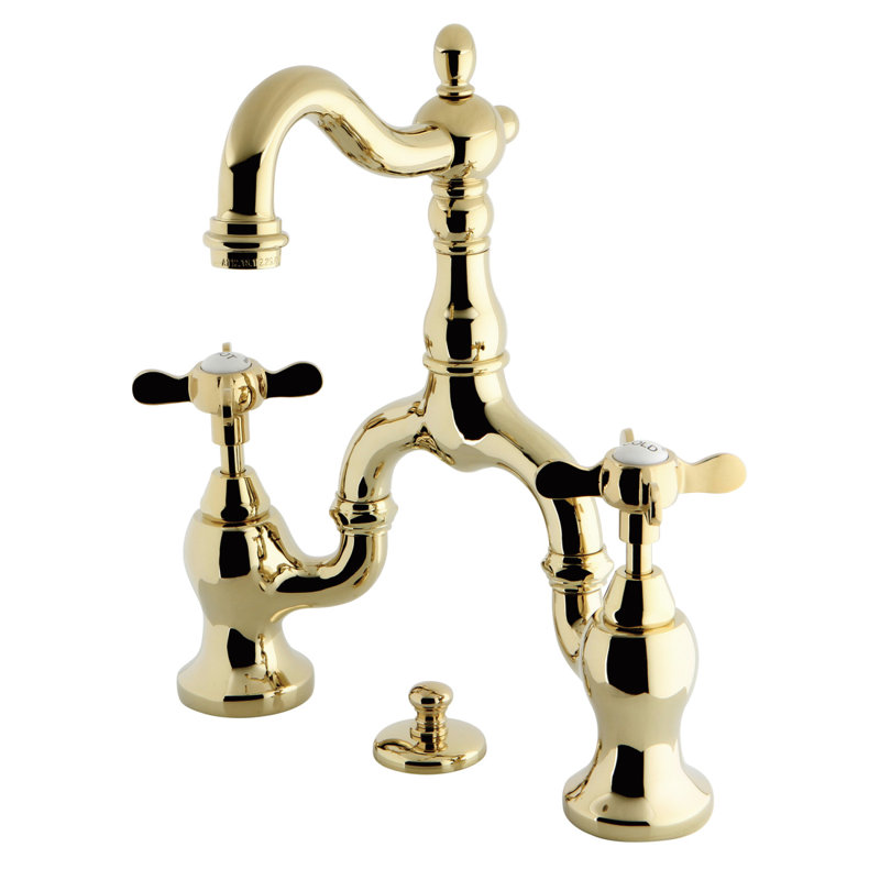 Kingston Brass Essex Two-Handle 3-Hole Deck Mount Bridge Bathroom Faucet with Brass Pop-Up, Polished Brass