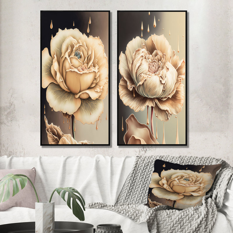 «Beige Blooming Rose», 2 pièces sur toile, Cadre noir, H 20 po x l 24 po