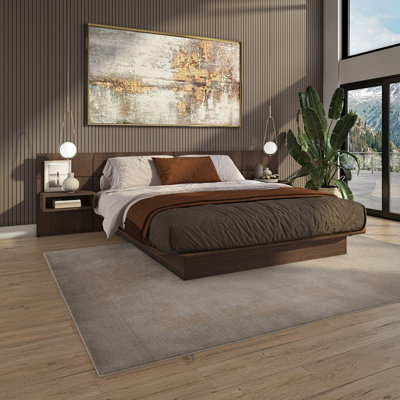 ZEN ALPHA Bedroom Platform Bed with Headboard and Wall Mounted Cube Nightstands (2) Easy Assembly No Box Spring Required
