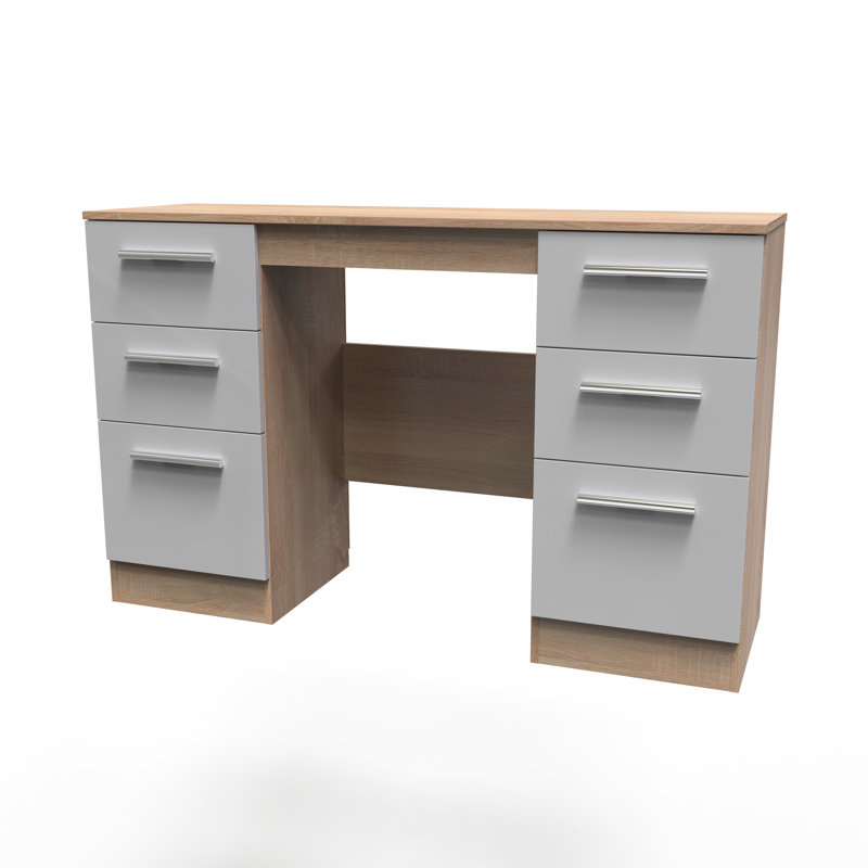 Bhaga 6 Drawer Kneehole Desk  (Ready Assembled), Grey Matt/Bardolino Oak