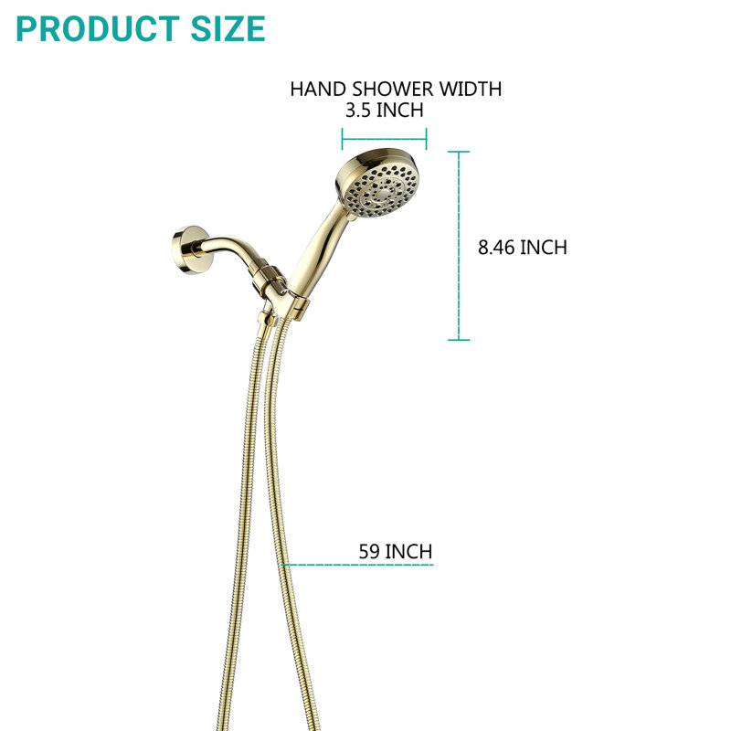 5 Spray Mode Handheld Shower - Polished Golden, Good Impact Resistance, Adjustable Water Flow, Wall Mounted, Includes Hose And Arm Head With Modes 3.5" Diameter Head, High , Pattern,
