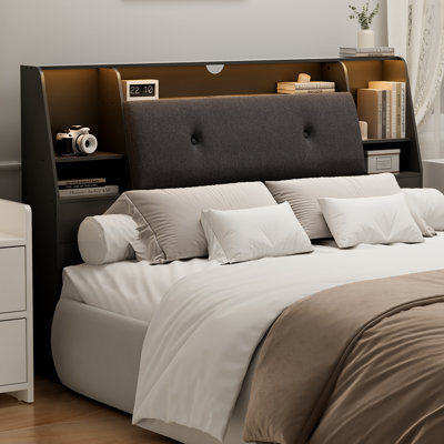 2 in 1 Bookcase Headboard With Charging Station & 2 Led Lights,Removeable Upholstered Panel by Wrought Studio