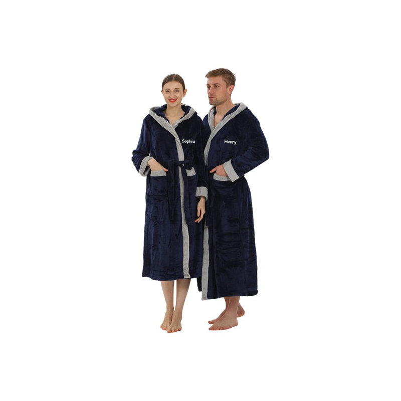 Peignoir en molleton mi-mollet avec poches et capuche, Bleu marine, Oui