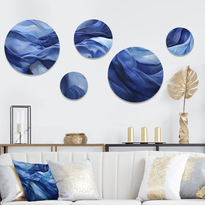 «Blue Emotional Tachisme Waves 3», ensemble d'art mural rond de 5 tachisme