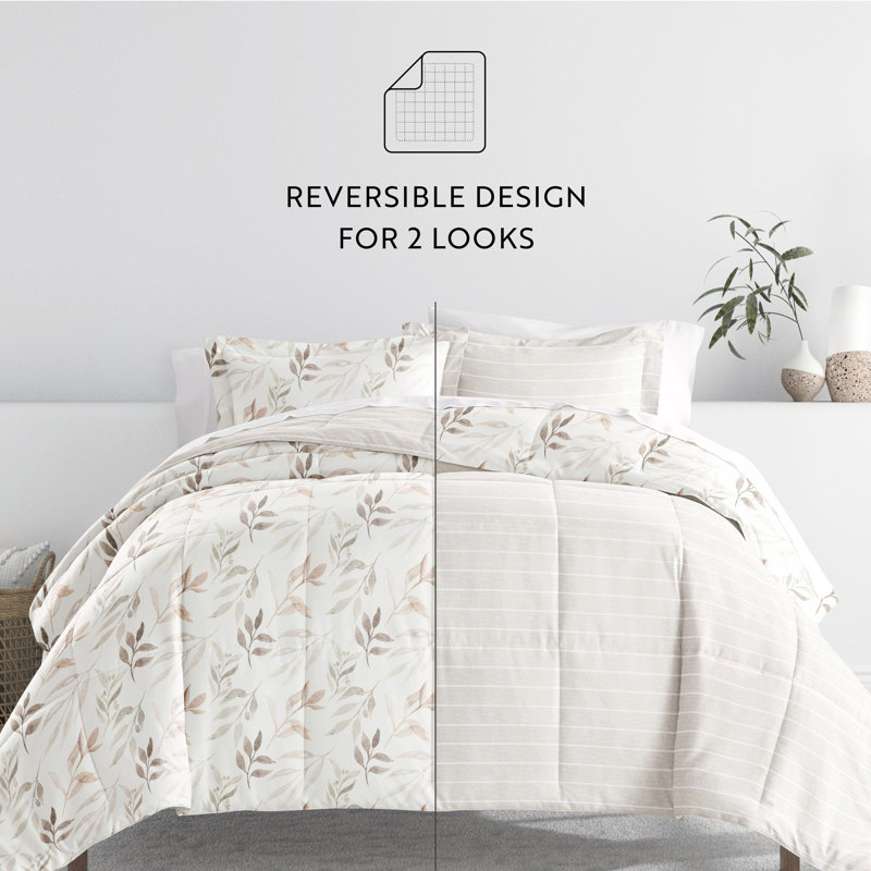 Ivory Floral Queen Microfiber Reversible Bedding Set