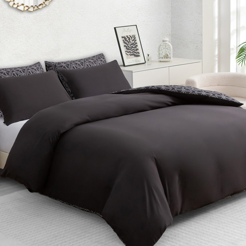 Soft Touch Reversible Duvet Cover  with Secure Zipper & Corner Ties, Black, Double Duvet Cover + 2 Standard Pillowcases